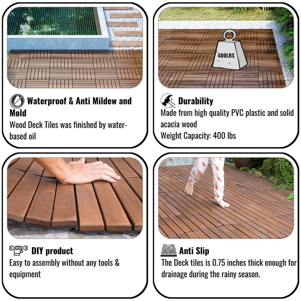 12 in. x 12 in. Outdoor Striped Square Wood Interlocking Waterproof Flooring Deck Tiles in Brown (Pack of 20 Tiles)