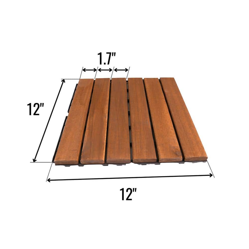 12 in. x 12 in. Outdoor Striped Square Wood Interlocking Waterproof Flooring Deck Tiles in Brown (Pack of 20 Tiles)