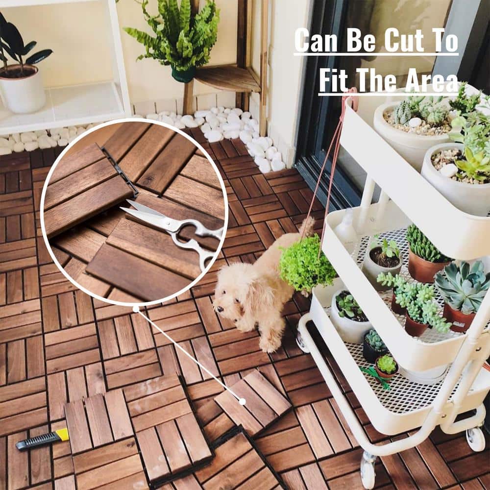 12 in. x 12 in. Outdoor Striped Square Wood Interlocking Waterproof Flooring Deck Tiles in Brown (Pack of 20 Tiles)