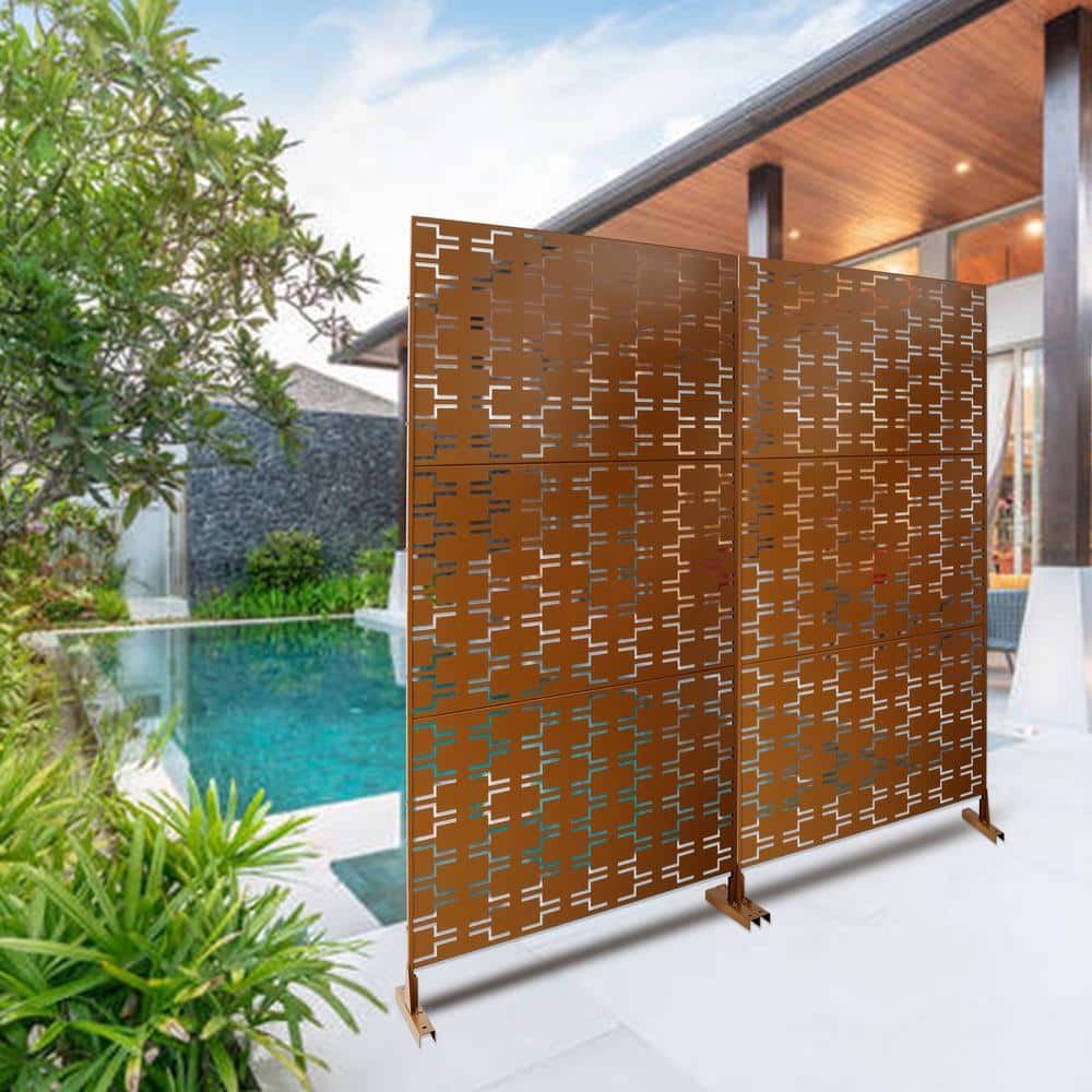 Sudzendf Outdoor and Indoor Freestanding Decorative Privacy Screen Metal Privacy Screen, Fence Panels in Brown