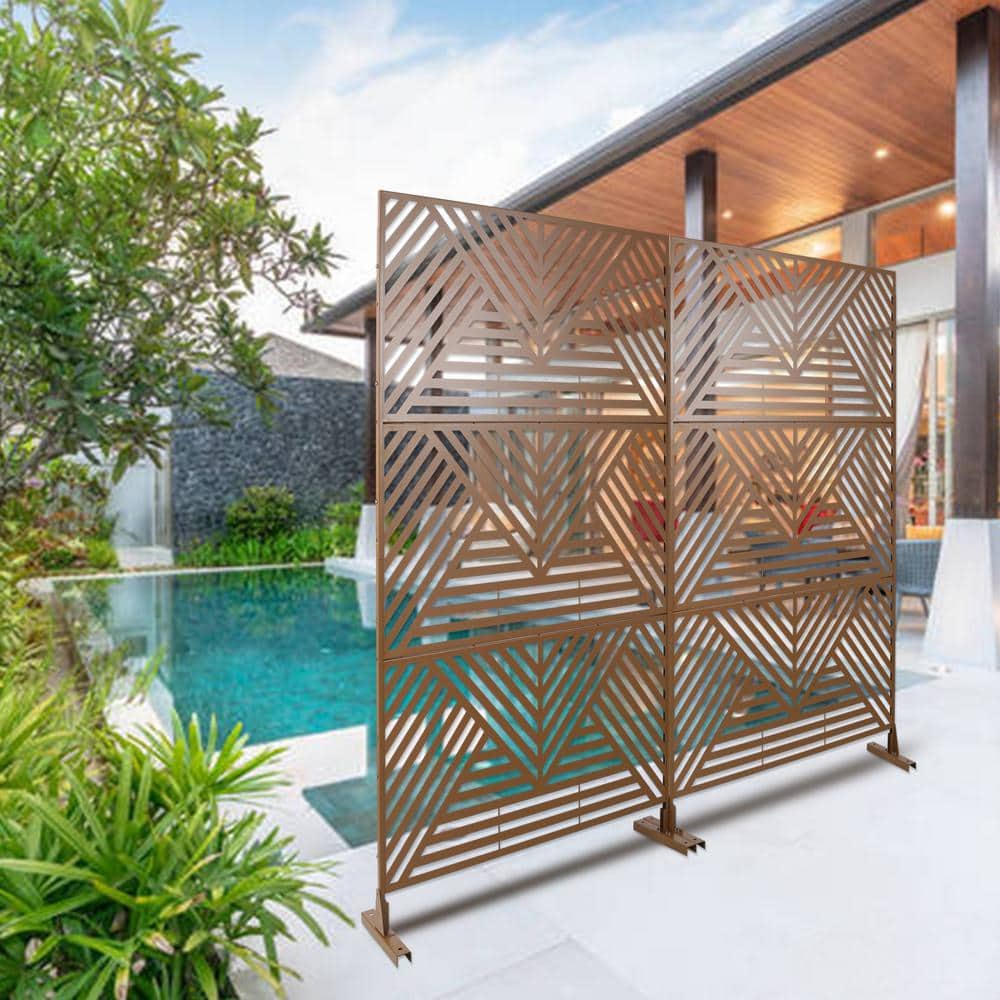 Tidoin 6.3 ft. x 4 ft. Brown Steel Freestanding Flat Flat Top Decorative Privacy Screen Metal Fence Panel