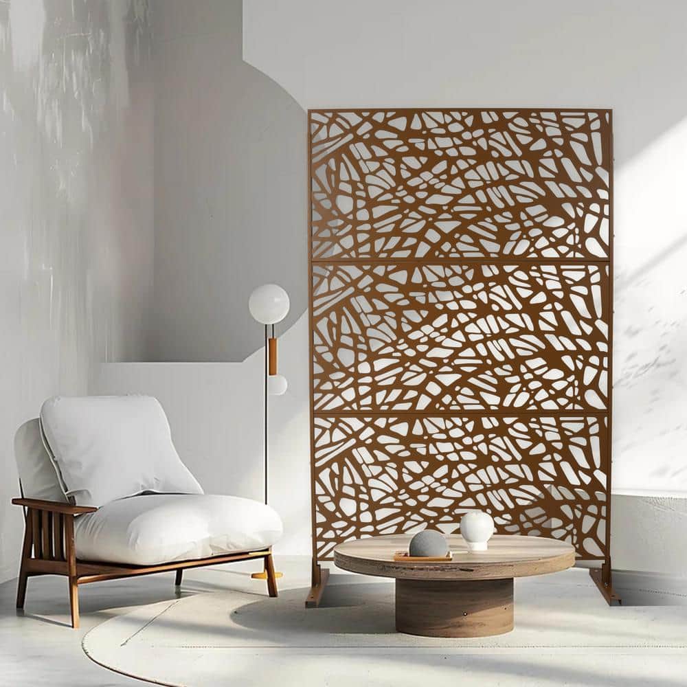 Tidoin 6.3 ft. x 4 ft. Brown Steel Freestanding Flat Flat Top Decorative Privacy Screen Metal Fence Panel