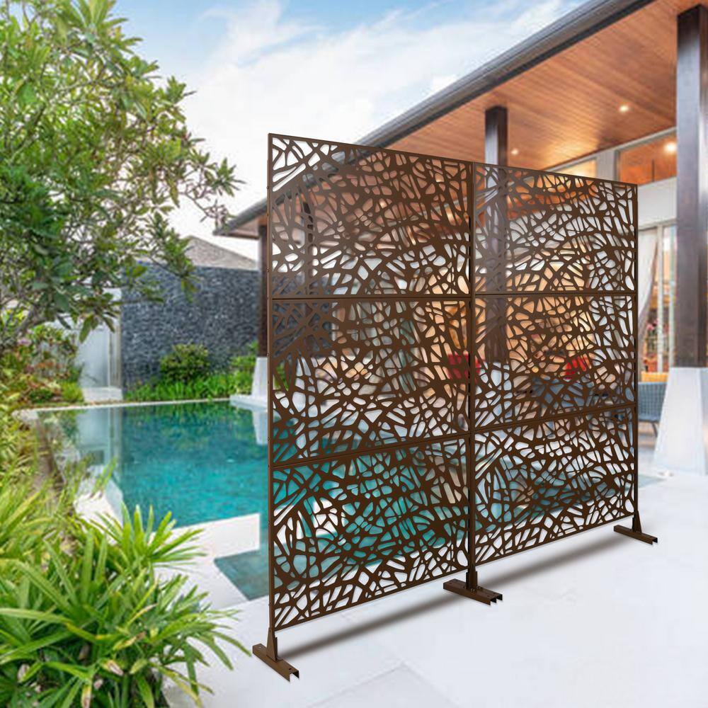 Tidoin 6.3 ft. x 4 ft. Brown Steel Freestanding Flat Flat Top Decorative Privacy Screen Metal Fence Panel