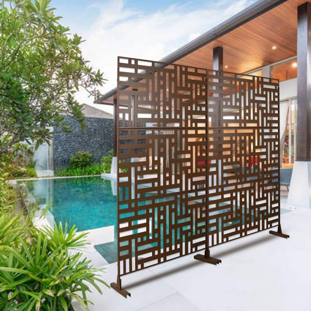 Tidoin 6.3 ft. x 4 ft. Brown Steel Freestanding Flat Flat Top Decorative Privacy Screen Metal Fence Panel