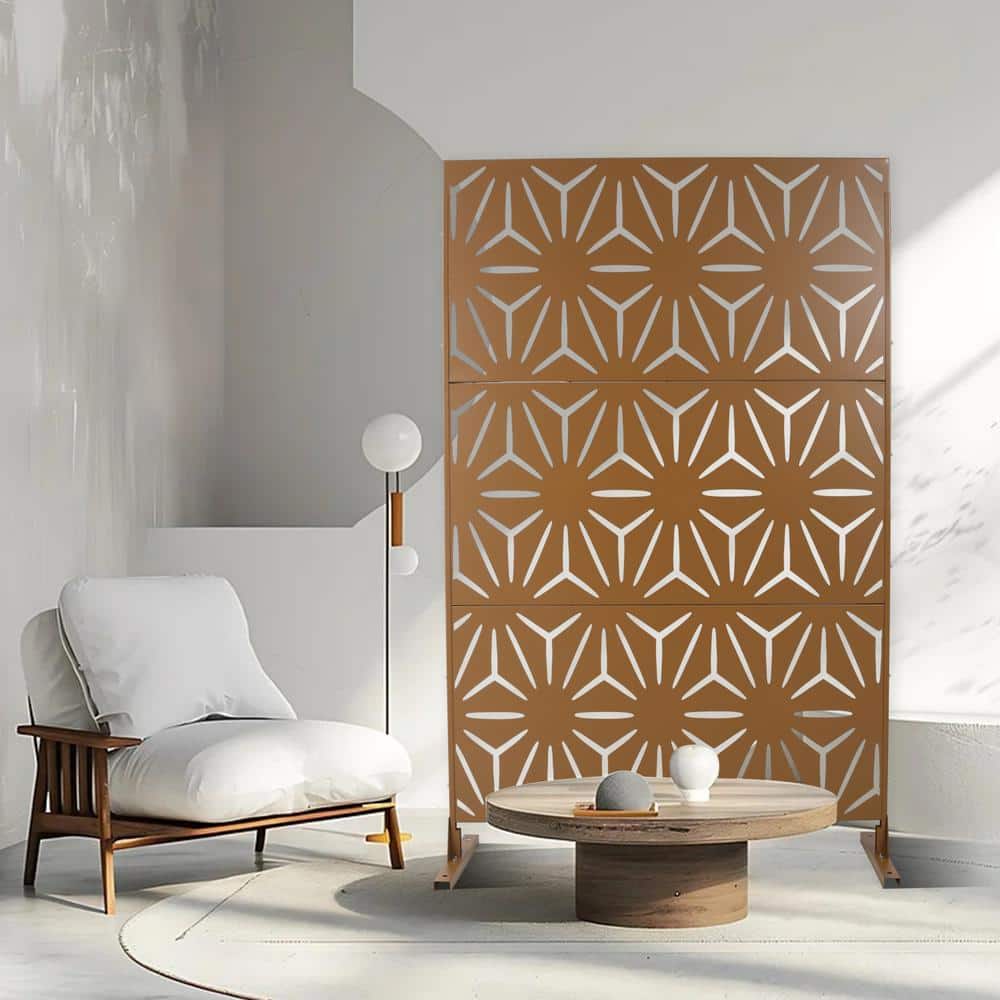 Tidoin 6.3 ft. x 4 ft. Brown Steel Freestanding Flat Flat Top Decorative Privacy Screen Metal Fence Panel