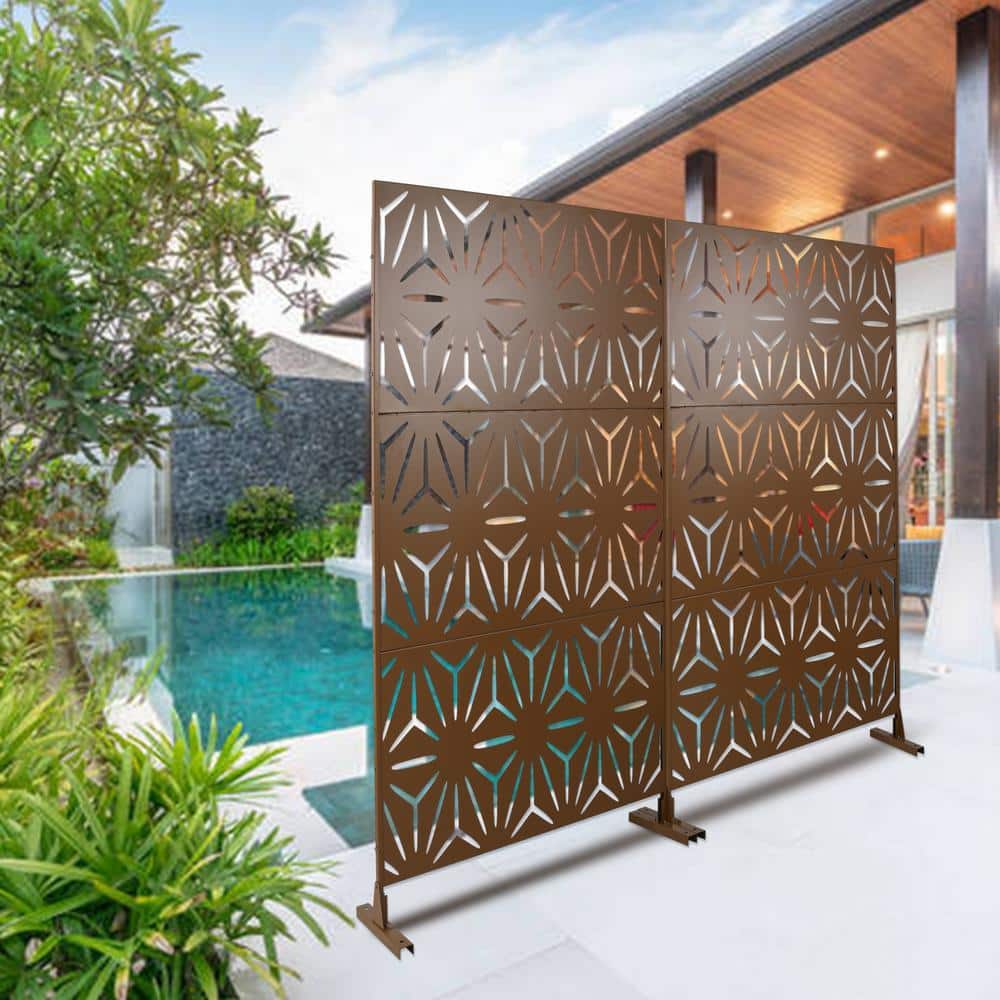 Tidoin 6.3 ft. x 4 ft. Brown Steel Freestanding Flat Flat Top Decorative Privacy Screen Metal Fence Panel