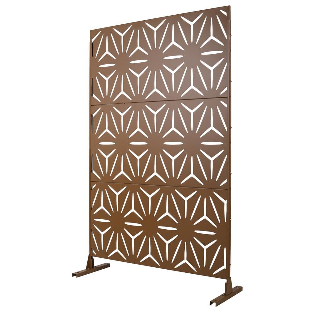 Tidoin 6.3 ft. x 4 ft. Brown Steel Freestanding Flat Flat Top Decorative Privacy Screen Metal Fence Panel