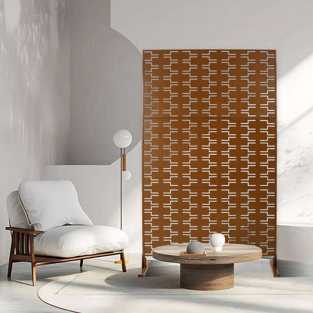 Tidoin 6.3 ft. x 4 ft. Brown Steel Freestanding Flat Flat Top Decorative Privacy Screen Metal Fence Panel