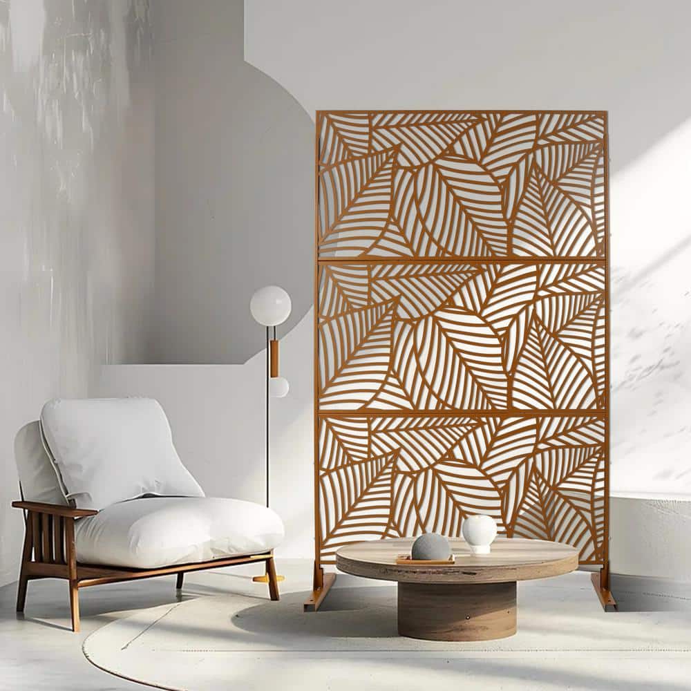 Tidoin 6.3 ft. x 4 ft. Brown Steel Freestanding Flat Flat Top Decorative Privacy Screen Metal Fence Panel