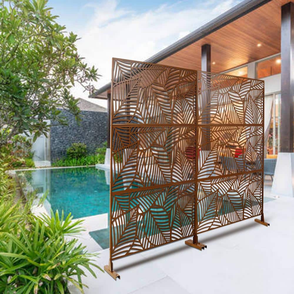 Tidoin 6.3 ft. x 4 ft. Brown Steel Freestanding Flat Flat Top Decorative Privacy Screen Metal Fence Panel