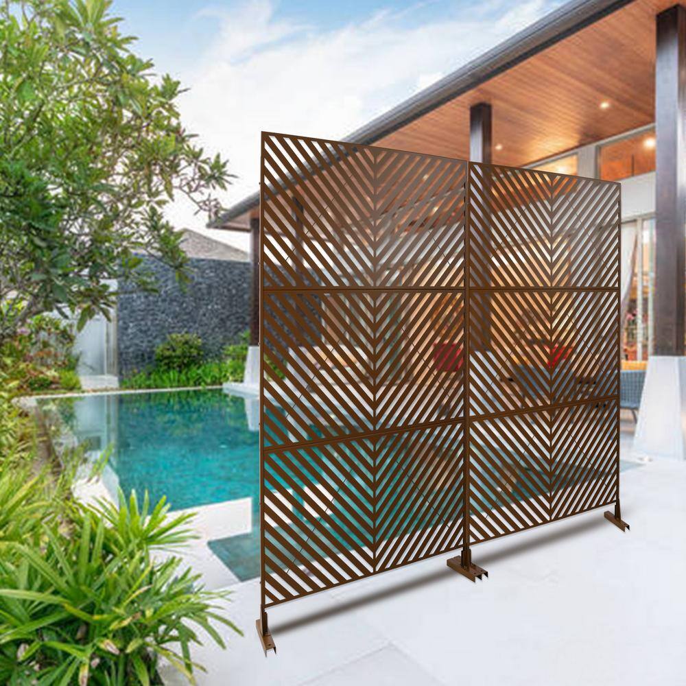 Tidoin 6.3 ft. x 4 ft. Brown Steel Freestanding Flat Flat Top Decorative Privacy Screen Metal Fence Panel