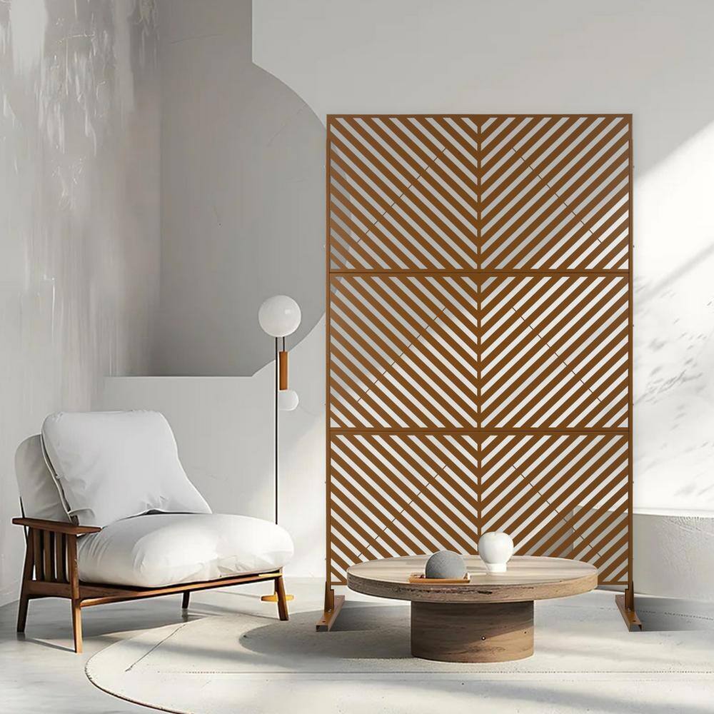 Tidoin 6.3 ft. x 4 ft. Brown Steel Freestanding Flat Flat Top Decorative Privacy Screen Metal Fence Panel