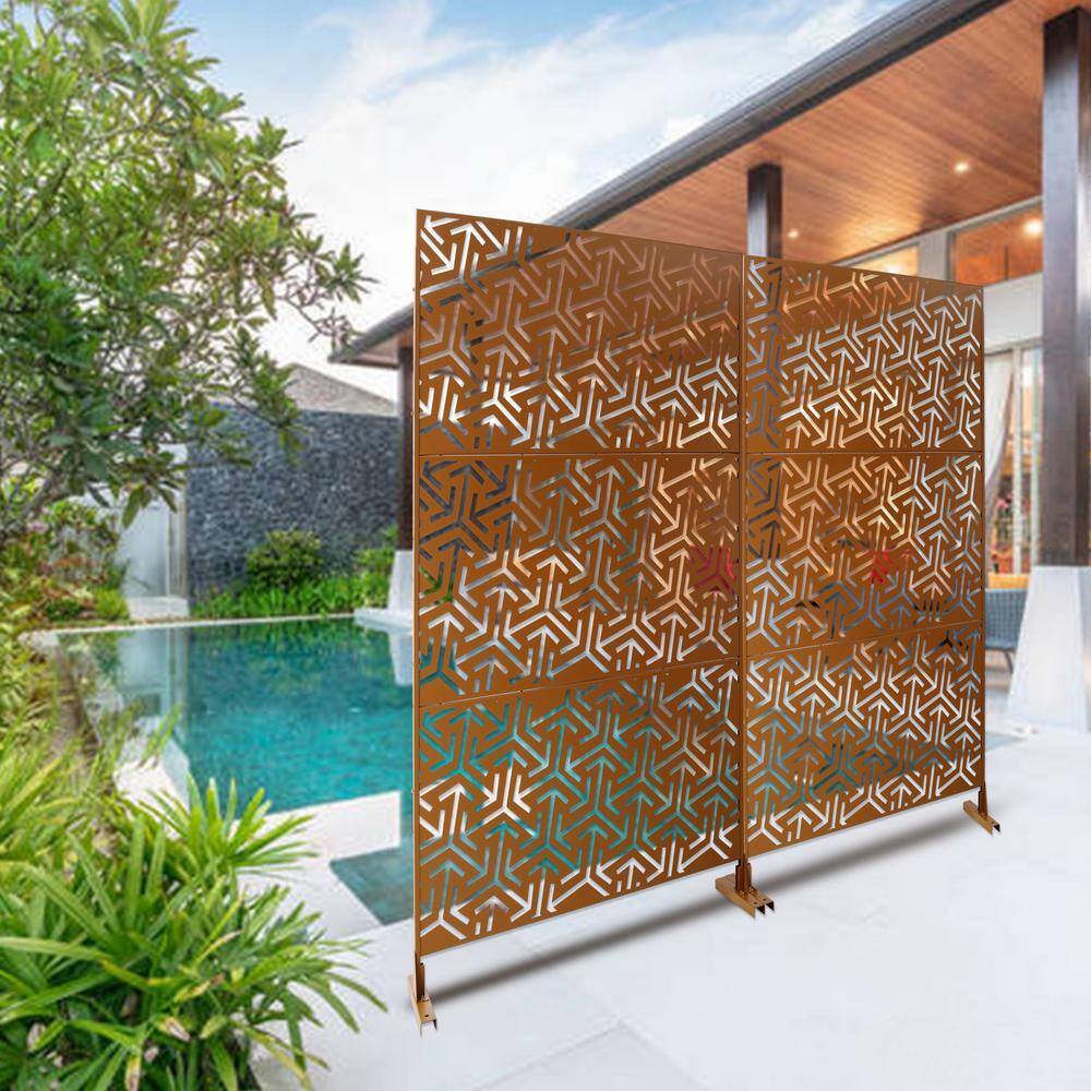 Tidoin 6.3 ft. x 4 ft. Brown Steel Freestanding Flat Flat Top Decorative Privacy Screen Metal Fence Panel