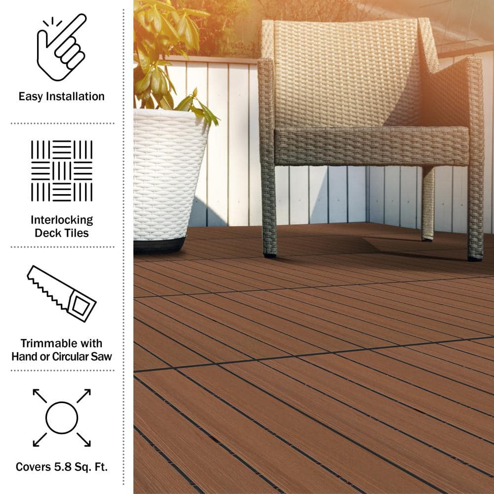 Pure Garden 1 ft. W x 1 ft. L 6 Patio Tiles Woodgrain Wood/Polypropylene Interlocking Deck Tile Flooring in Brown