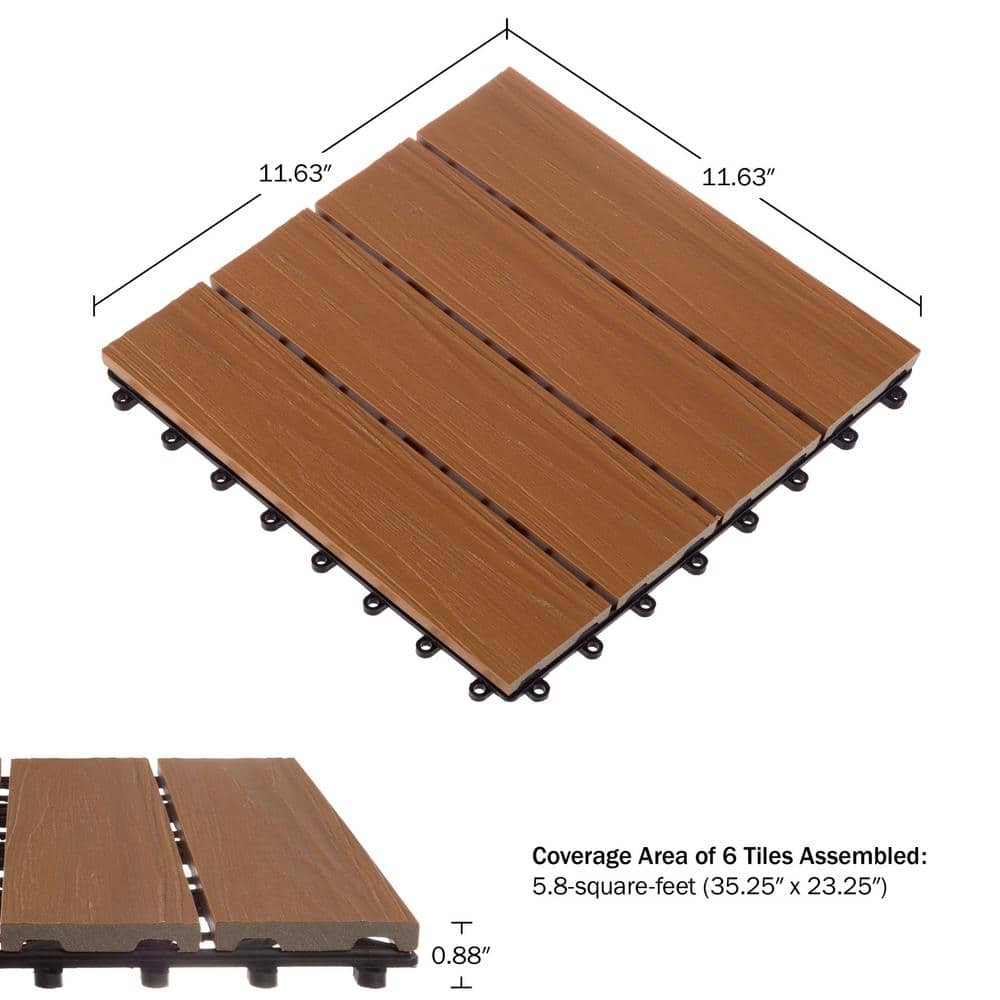 Pure Garden 1 ft. W x 1 ft. L 6 Patio Tiles Woodgrain Wood/Polypropylene Interlocking Deck Tile Flooring in Brown