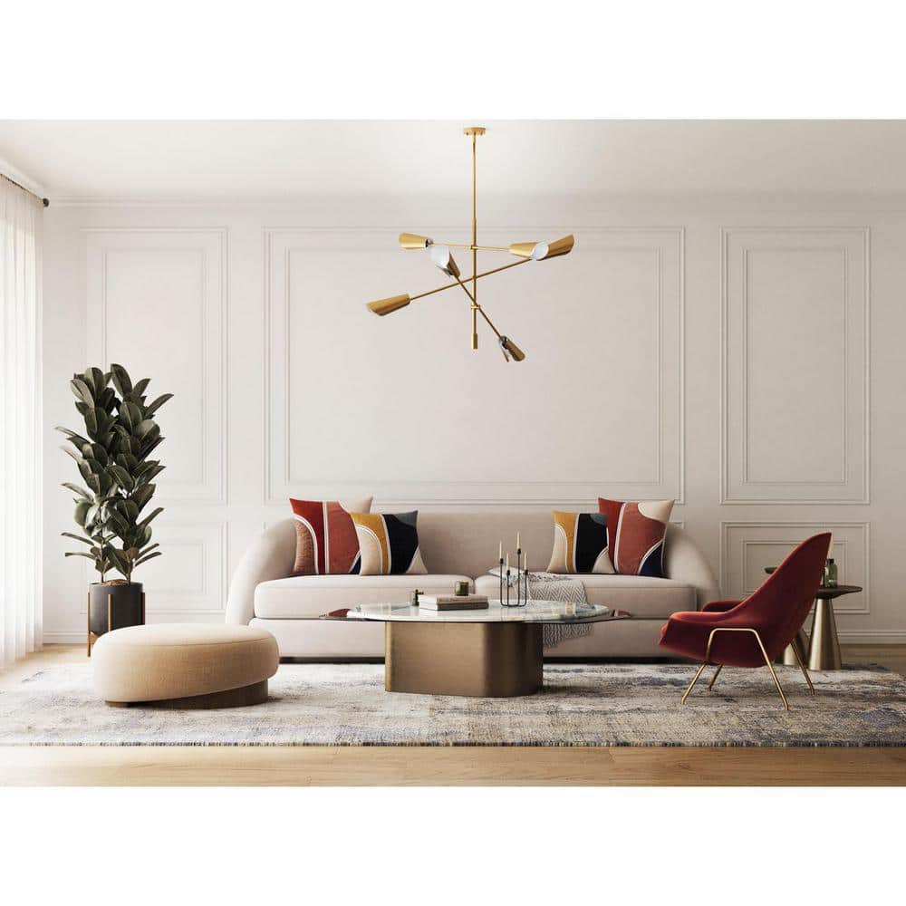 Progress Lighting Cornett 44.12 in. 6-Light Brushed Gold Mid-Century Modern Chandelier for Dining Rooms, Great Rooms, Bedrooms