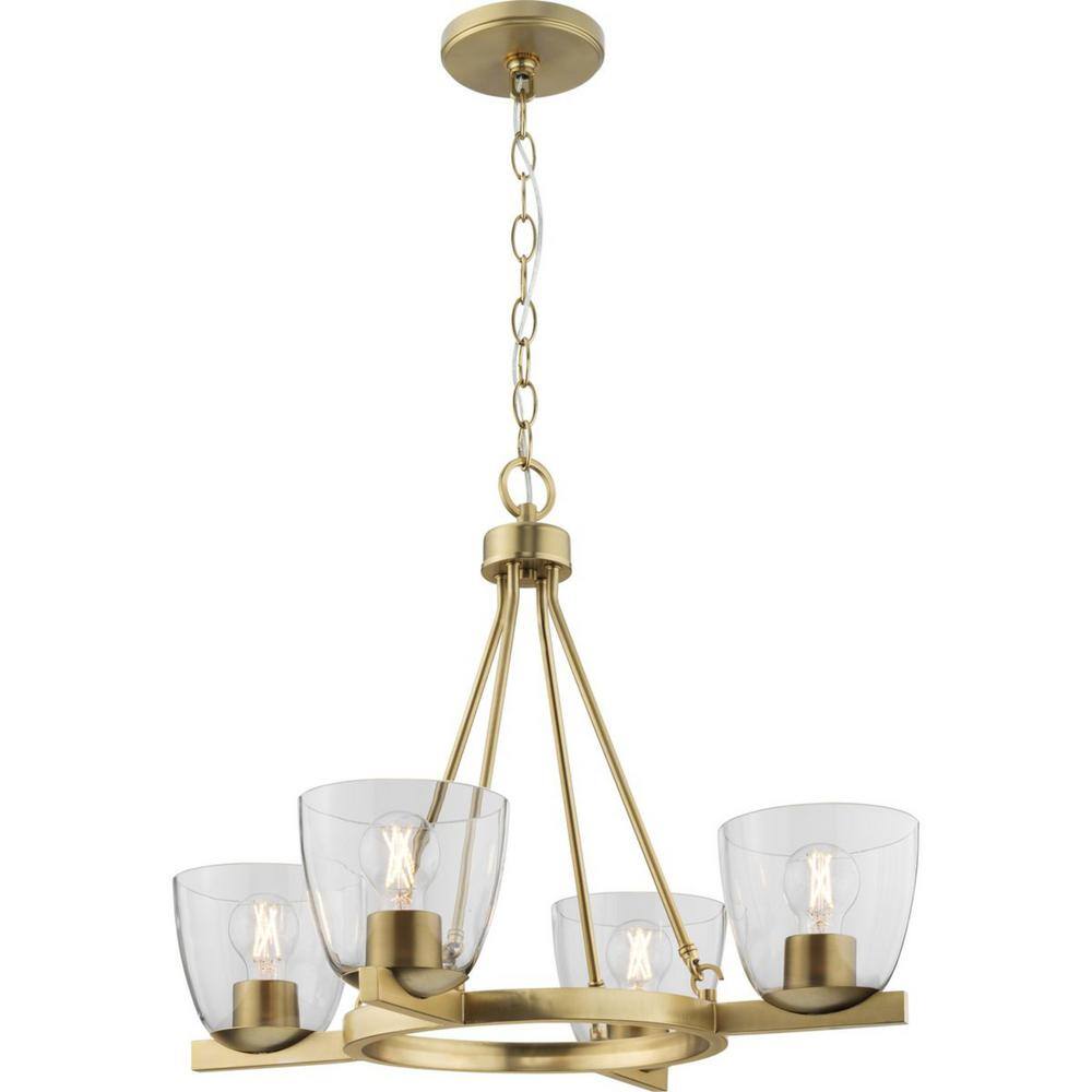 Progress Lighting Tamassee Collection 4-Light Brushed Gold Updated Traditional Chandelier with Clear Glass Shades for Dining Room