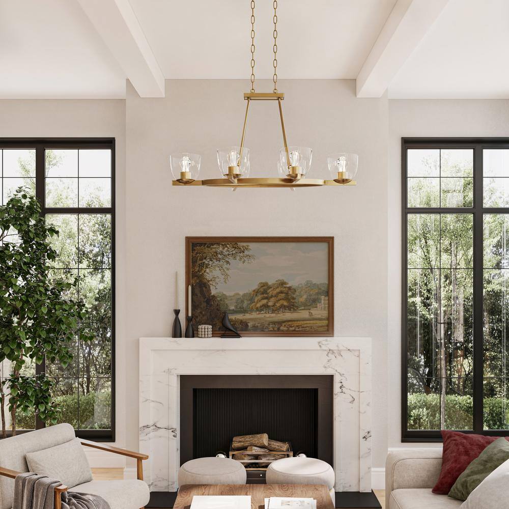 Progress Lighting Tamassee Collection 6-Light Brushed Gold Updated Traditional Linear Chandelier with Clear Glass Shades for Dining Room