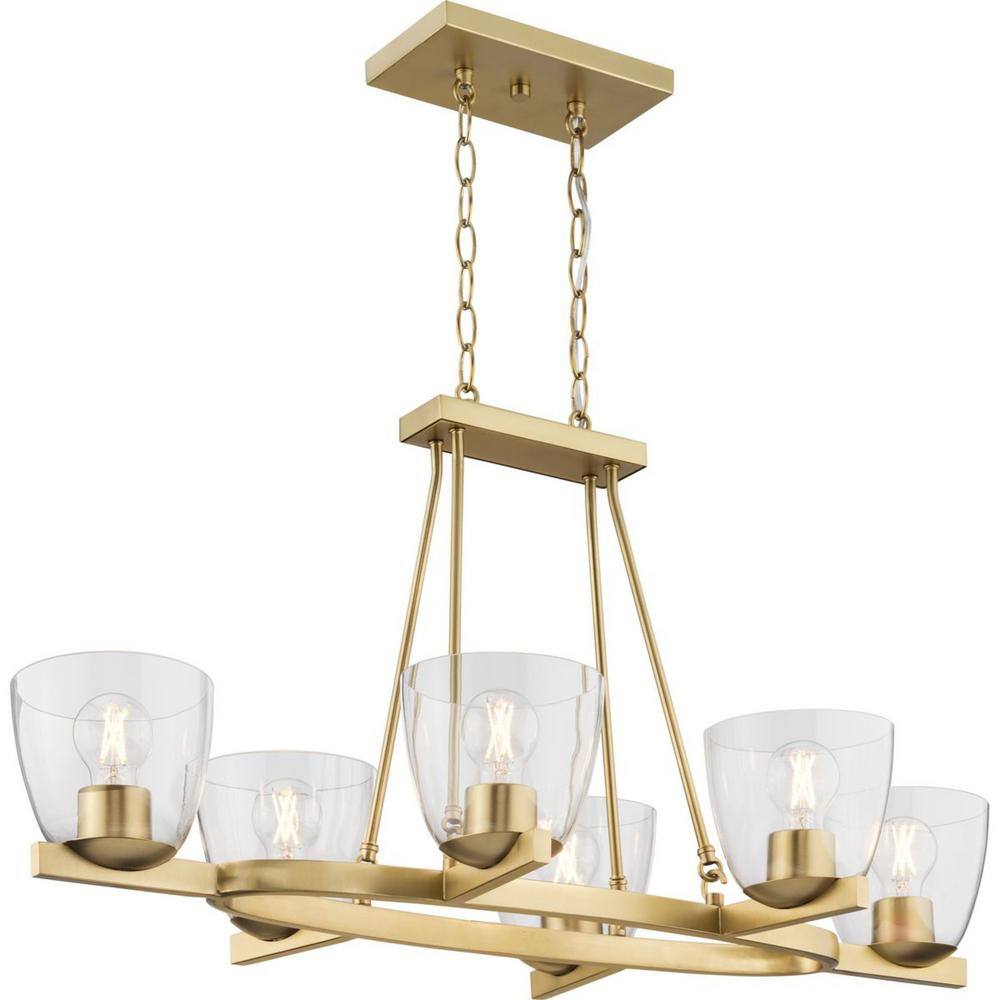 Progress Lighting Tamassee Collection 6-Light Brushed Gold Updated Traditional Linear Chandelier with Clear Glass Shades for Dining Room