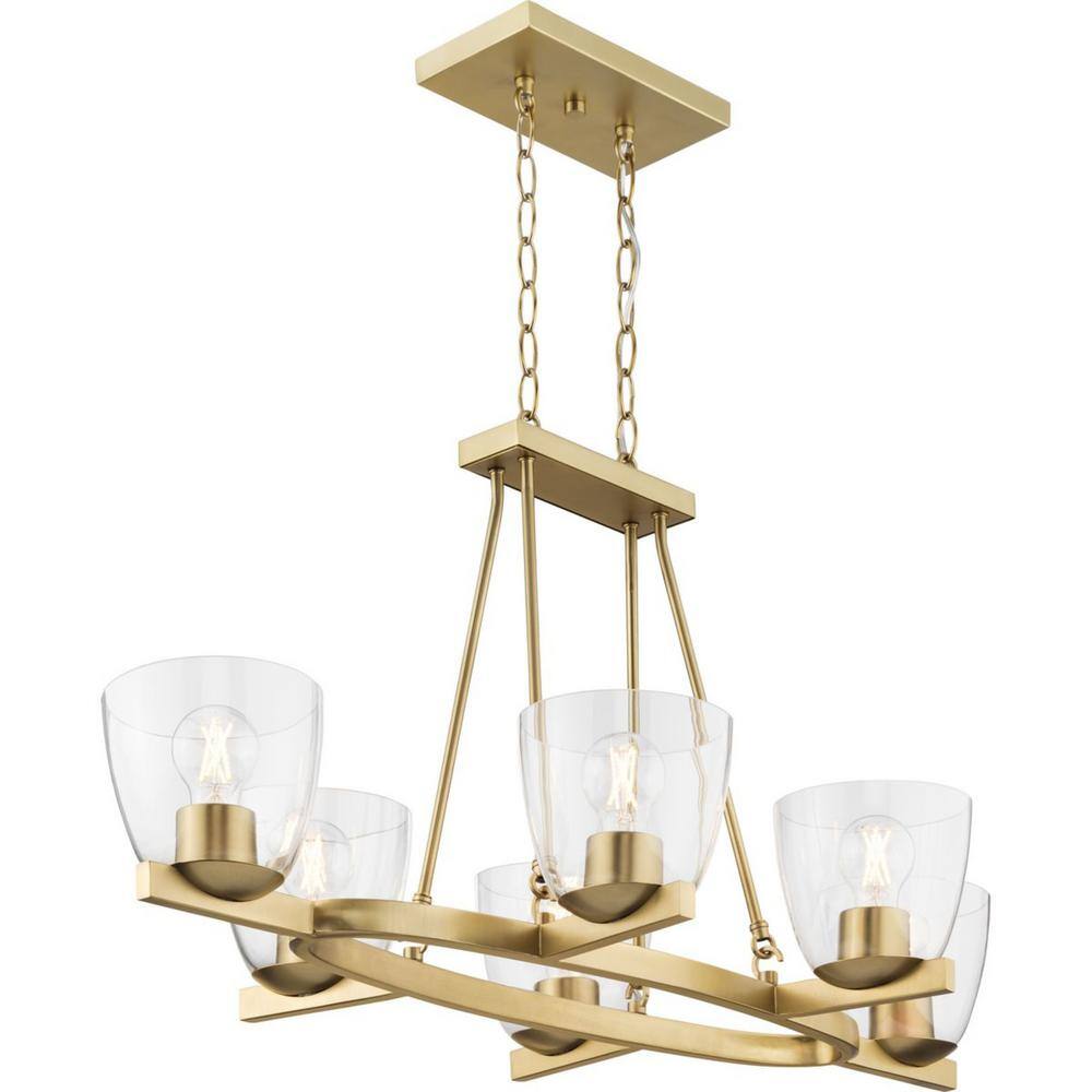 Progress Lighting Tamassee Collection 6-Light Brushed Gold Updated Traditional Linear Chandelier with Clear Glass Shades for Dining Room