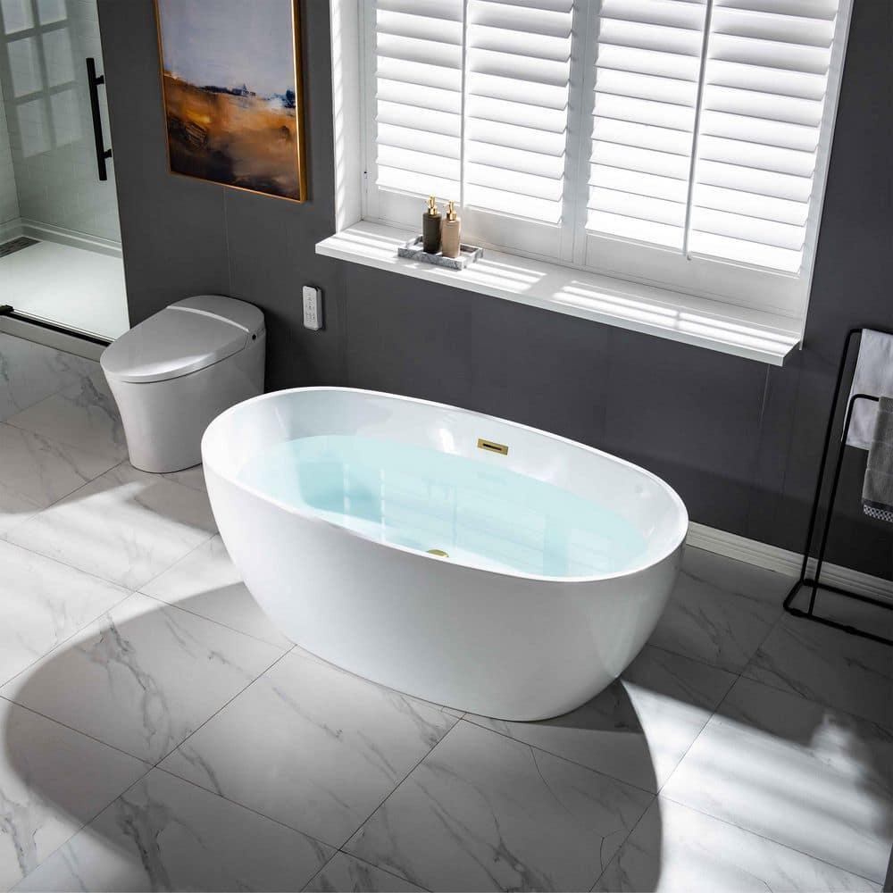 WOODBRIDGE Verdun 59 in. Acrylic FlatBottom Double-Ended Freestanding Bathtub with Oil Rubbed Bronze Overflow & Drain, White