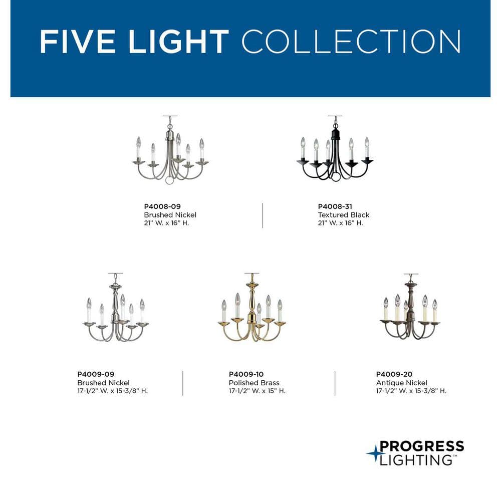Progress Lighting Five-Light Brushed Nickel White Candles Traditional Chandelier Light