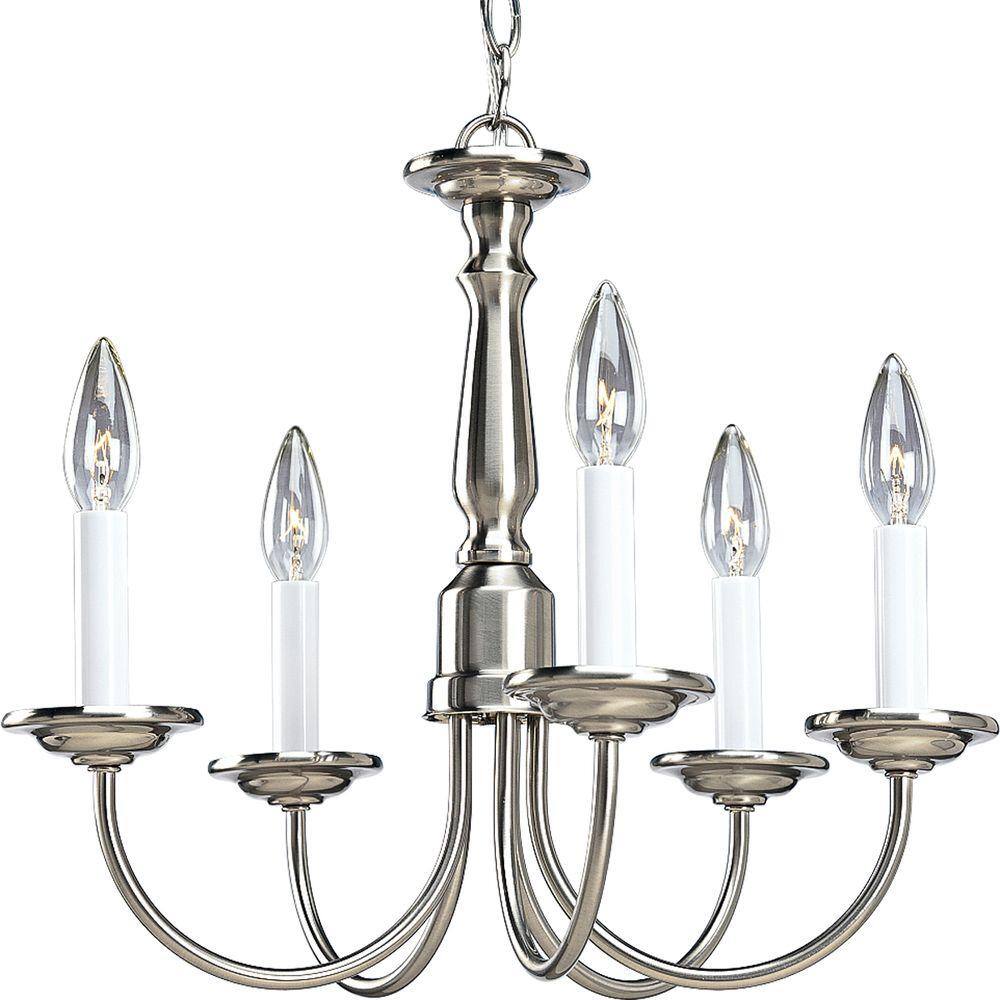 Progress Lighting Five-Light Brushed Nickel White Candles Traditional Chandelier Light