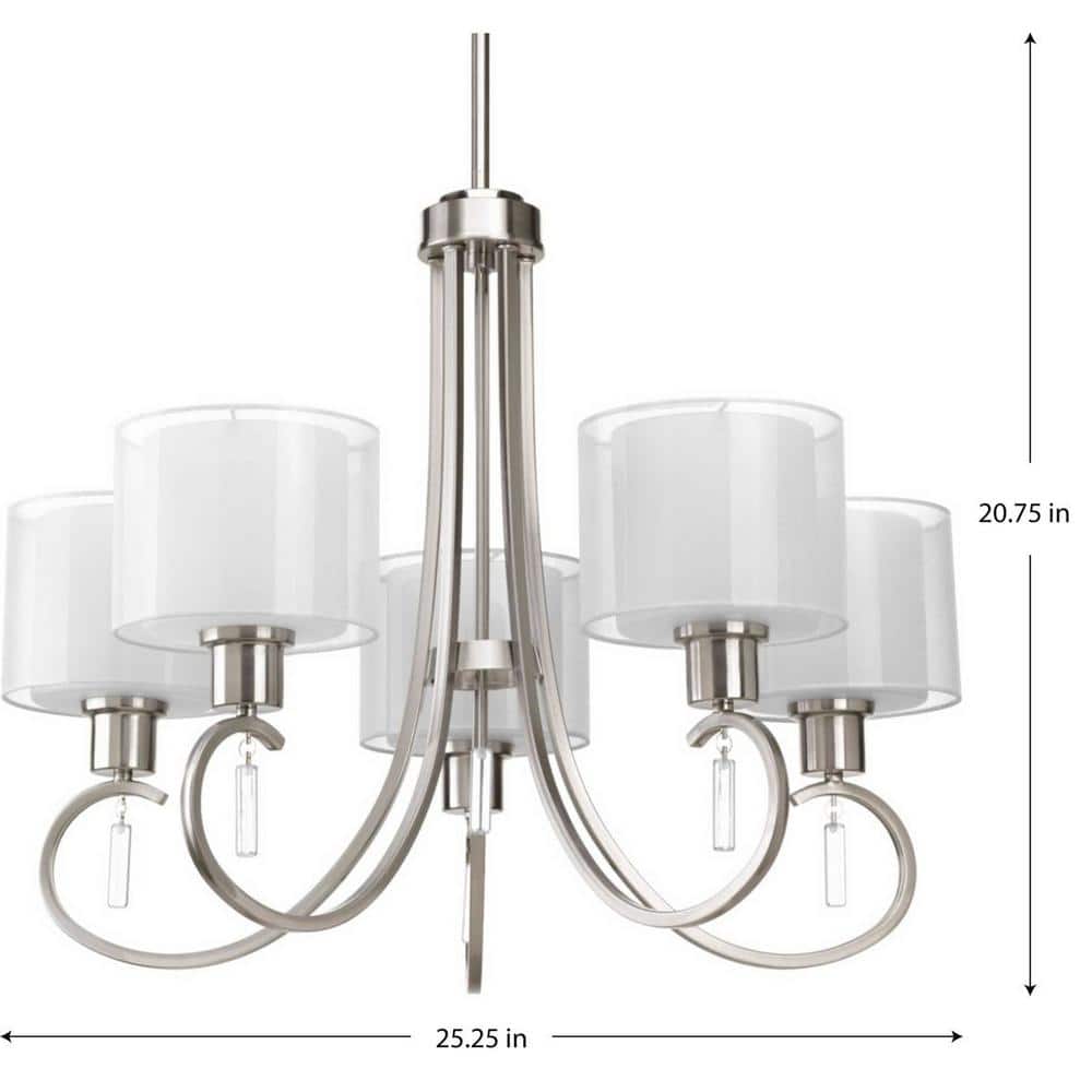 Progress Lighting Invite Collection 5-Light Brushed Nickel White Silk Mylar Shade New Traditional Chandelier Light