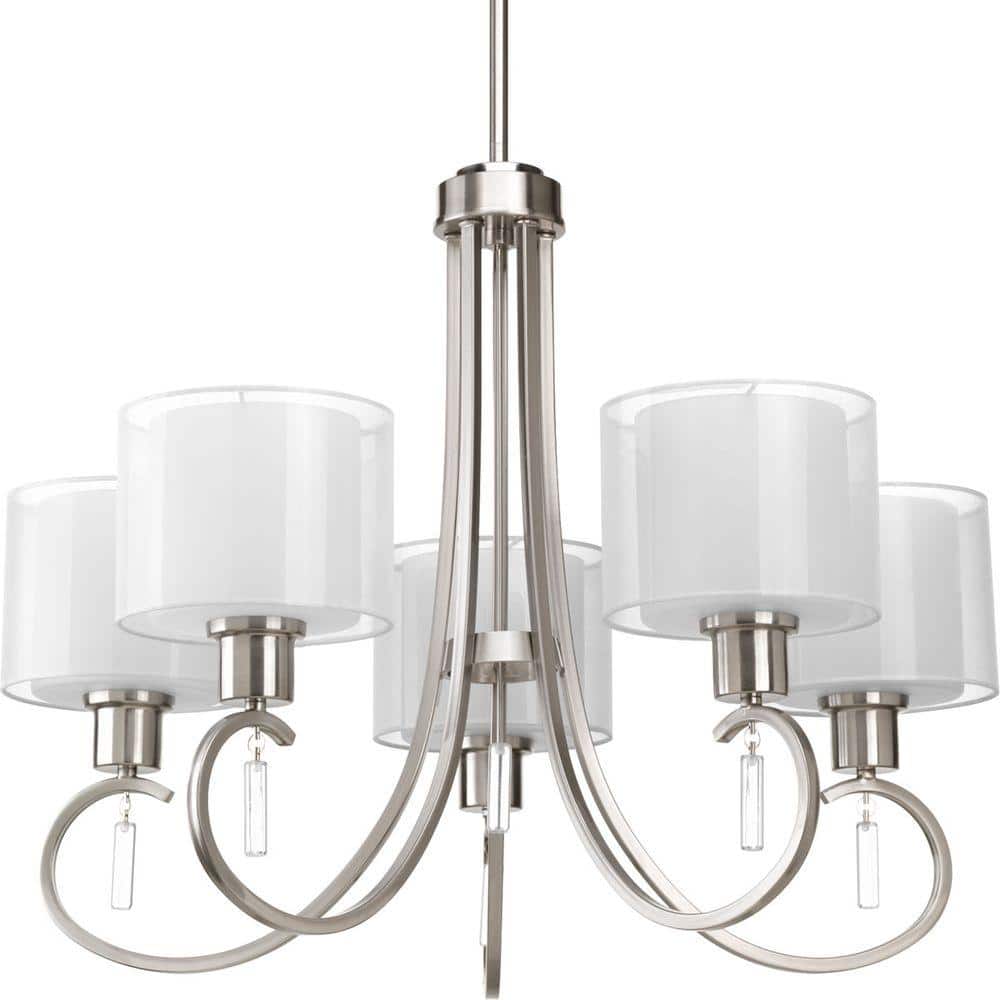 Progress Lighting Invite Collection 5-Light Brushed Nickel White Silk Mylar Shade New Traditional Chandelier Light