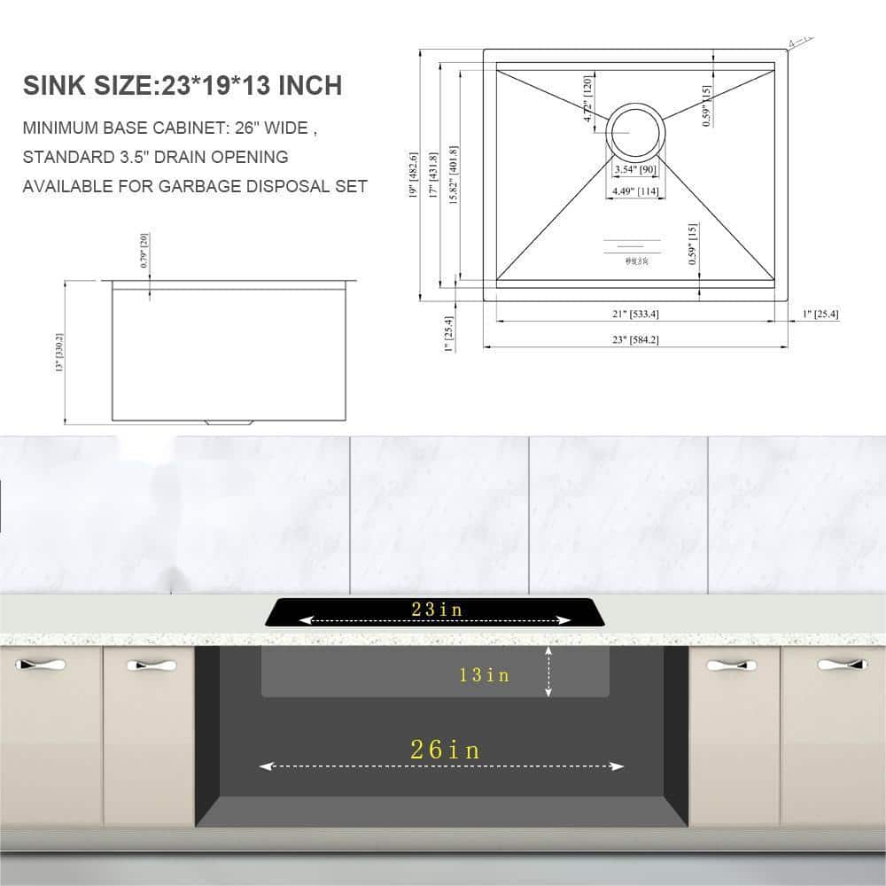 Cadeninc 23" x 19" x 13" Single Bowl Undermount Laundry/Utility Sink