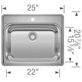 Blanco Essential 22" x 12" Drop-In Stainless Steel Kitchen Sink - Brushed Satin