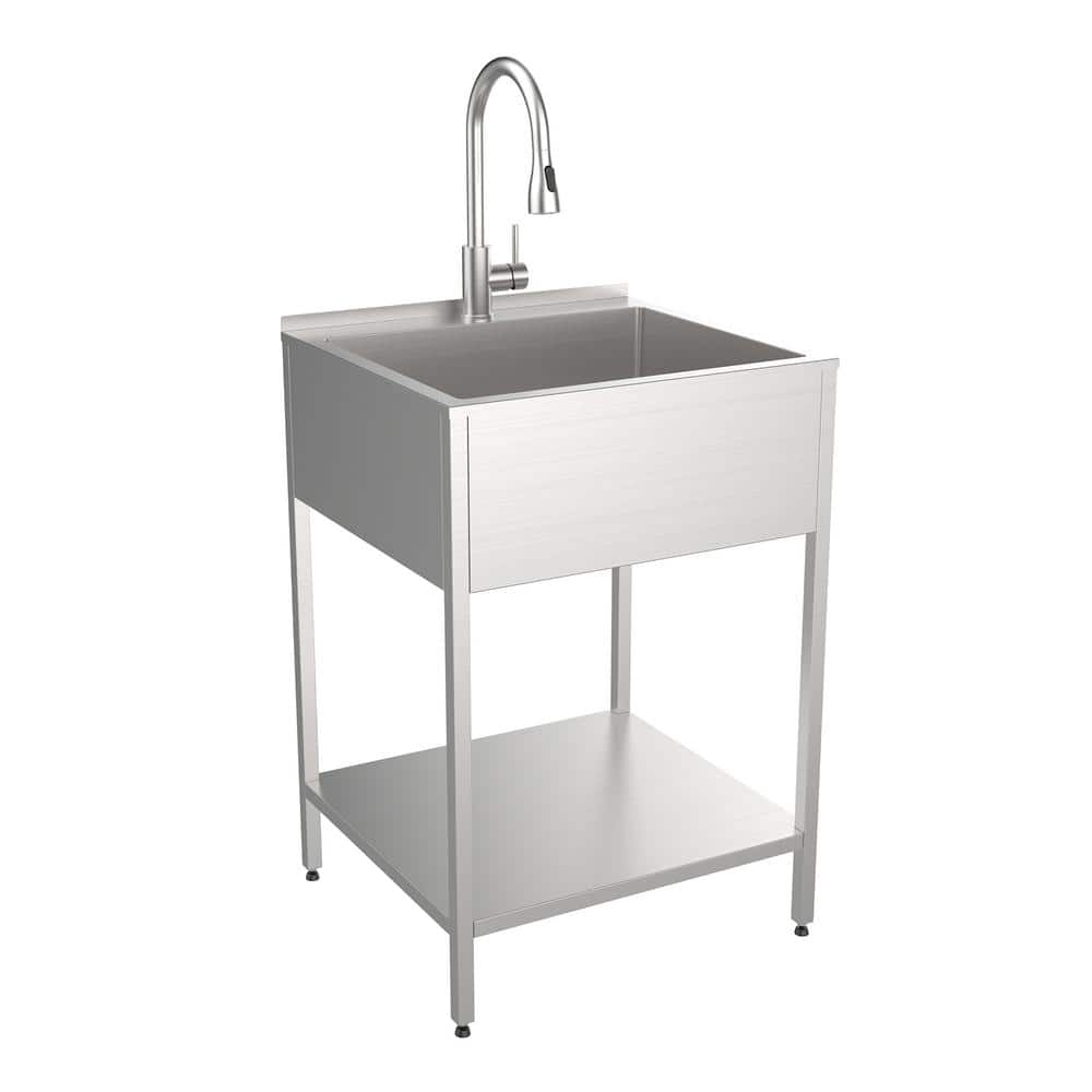 Transolid 15 Gal. 22.1 in. D x 24 in. W Freestanding Laundry Sink with Cabinet in Brushed Satin with Faucet