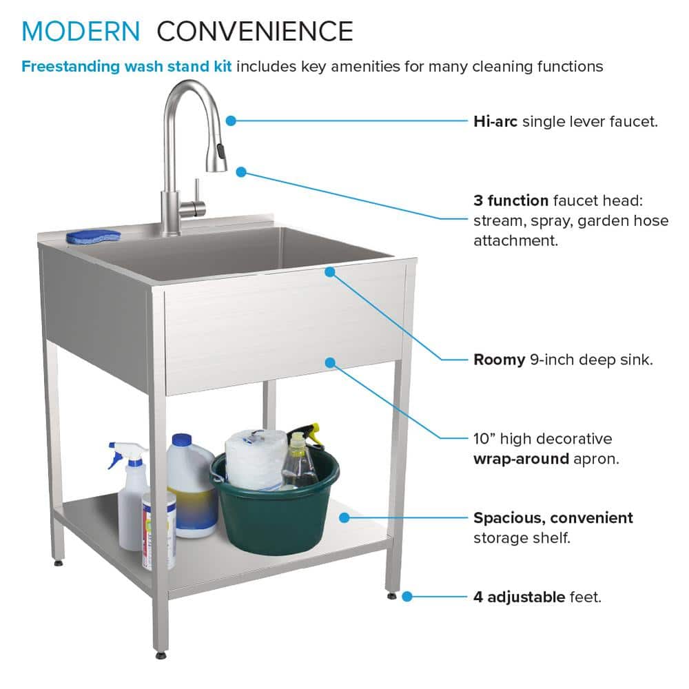 Transolid 15 Gal. 22.1 in. D x 24 in. W Freestanding Laundry Sink with Cabinet in Brushed Satin with Faucet