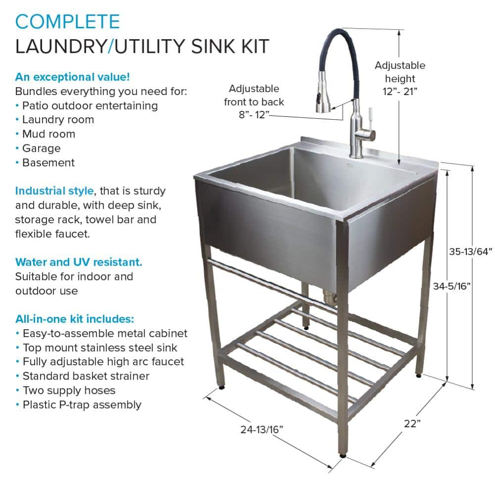 Transolid 25 in. x 22 in. Brushed Satin Stainless Steel Utility Sink with Wash Stand