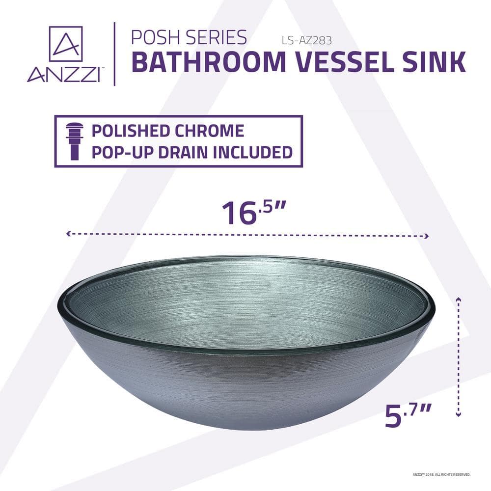 ANZZI Posh Series Deco-Glass Vessel Sink, Round 16.5 in., Brushed Silver