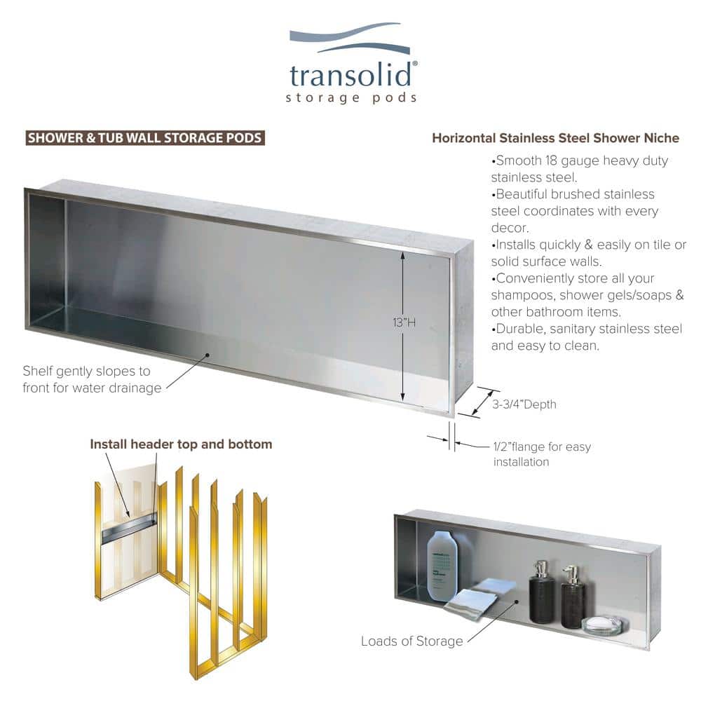 Transolid Storage Pod 34.5 in. x 14 in. 18-Gauge Stainless Steel Shower Niche