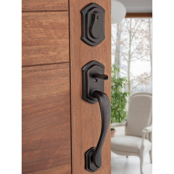 Prestige Medina Single Cylinder Venetian Bronze Door Handleset with Arch Rose Madrina Lever featuring SmartKey Security