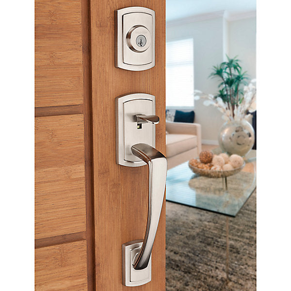 Prestige Nautica Single Cylinder Satin Nickel Exterior Door Handleset with Tobin Lever, SmartKey Security