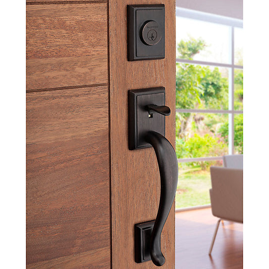 Kwikset Prestige Pistoria Single-Cylinder Venetian Bronze Door Handleset with Arch Rose and Madrina Lever, SmartKey Security
