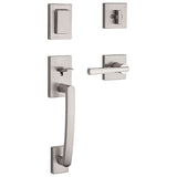 Prestige Spyglass Single Cylinder Satin Nickel Door Handleset with Square Spyglass Door Lever featuring SmartKey Security