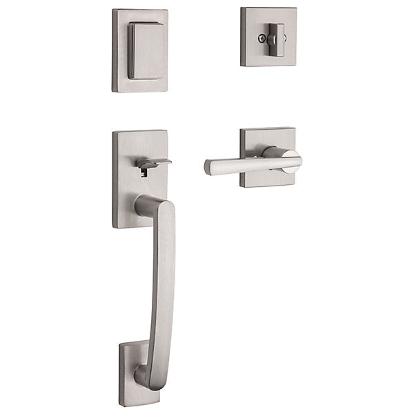 Prestige Spyglass Single Cylinder Satin Nickel Door Handleset with Square Spyglass Door Lever featuring SmartKey Security