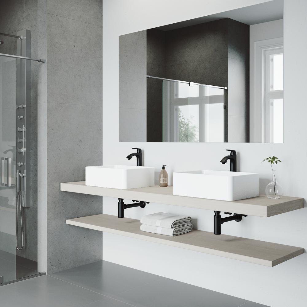 Amaryllis White Matte Stone Vessel Bathroom Sink Set with Linus Vessel Faucet in Matte Black - Super Arbor