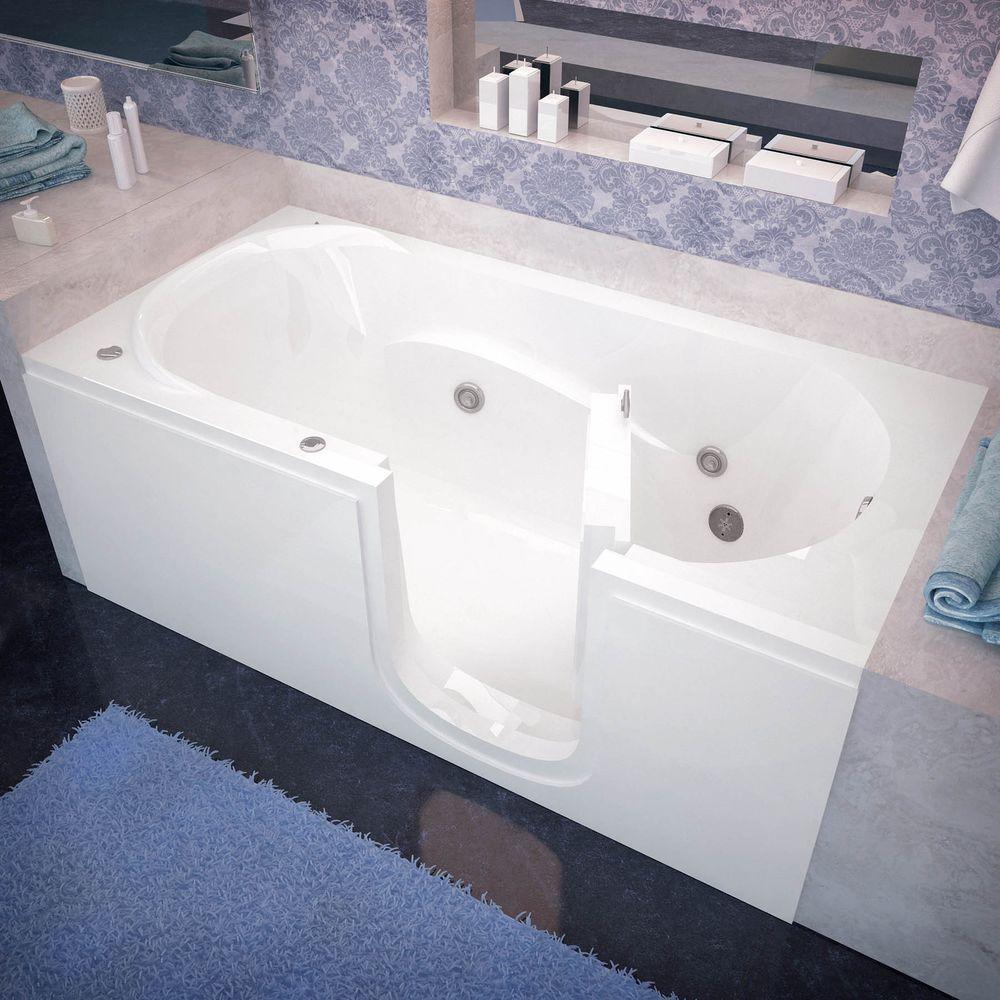 Rampart Nova Heated Step In 5 ft. Walk-in Whirlpool Bathtub with 6 in. Tile Easy Up Adhesive Wall Surround in White - Super Arbor