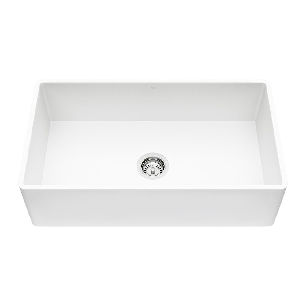 Matte Stone White Composite 33 in. Single Bowl Reversible Flat Farmhouse Apron-Front Kitchen Sink with Strainer - Super Arbor