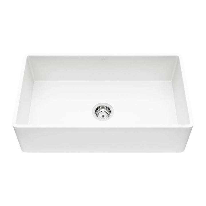 Matte Stone White Composite 33 in. Single Bowl Reversible Flat Farmhouse Apron-Front Kitchen Sink with Strainer - Super Arbor