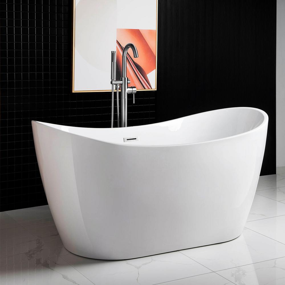 59 in. Acrylic Freestanding Double Slipper Flatbottom Soaking Bathtub with Drain and Overflow Included in White - Super Arbor