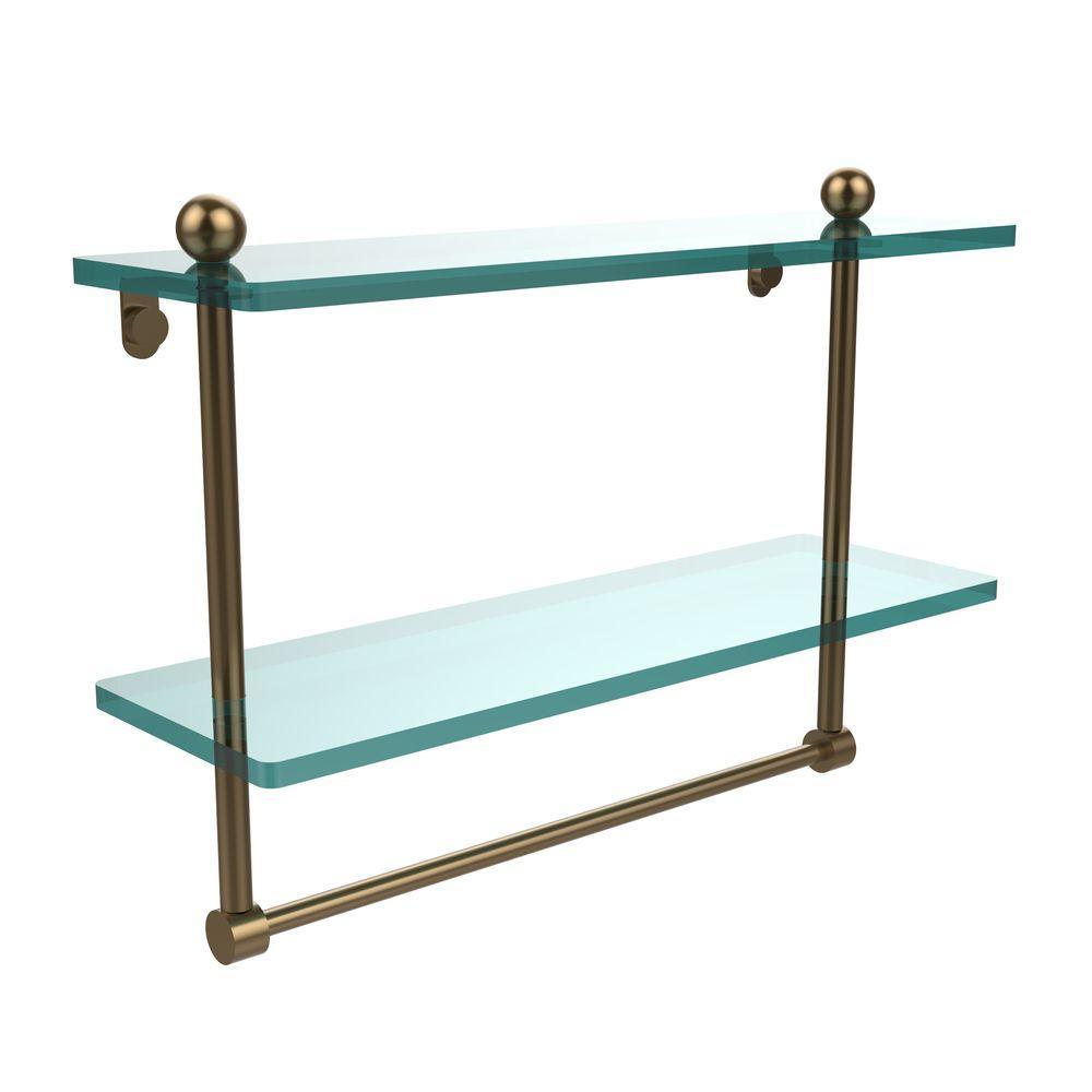 16 in. L  x 12 in. H  x 5 in. W 2-Tier Clear Glass Bathroom Shelf with Towel Bar in Satin Nickel - Super Arbor