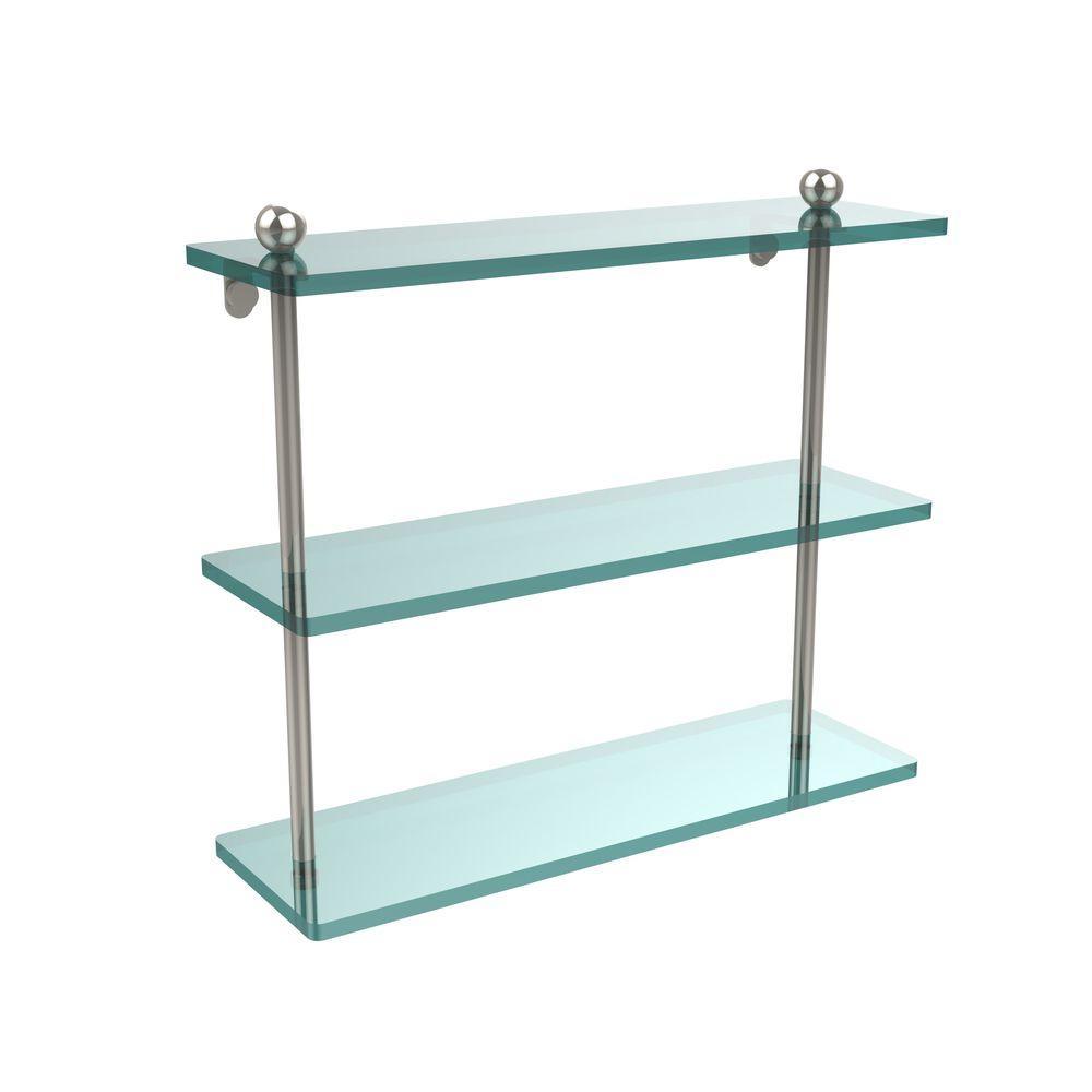 16 in. L x 15 in. H x 5 in. W 3-Tier Clear Glass Bathroom Shelf in Satin Nickel - Super Arbor