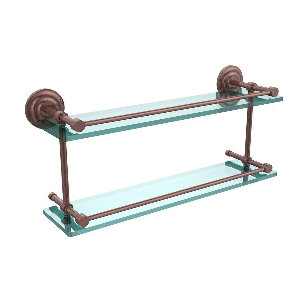 Que New 22 in. L x 8 in. H x 5 in. W 2-Tier Clear Glass Bathroom Shelf with Gallery Rail in Satin Nickel - Super Arbor