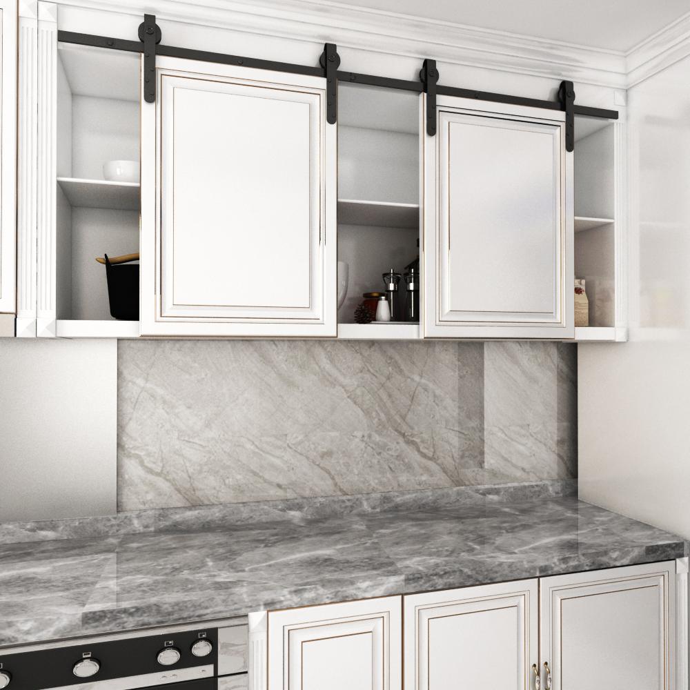 6.6 ft./79 in. Black Steel Sliding Barn Door Track and Hardware Kit for Double Doors with Floor Guide - Super Arbor